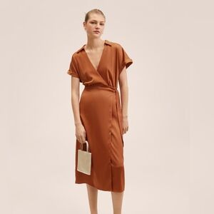 NWOT Mango Brown Satin Wrap Midi Dress size 4